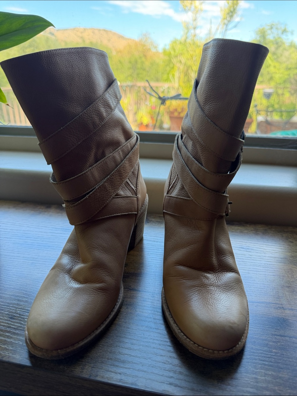 Stuart Weitzman Camel/Tan Leather Mid-Calf Wrap-Heel Boots